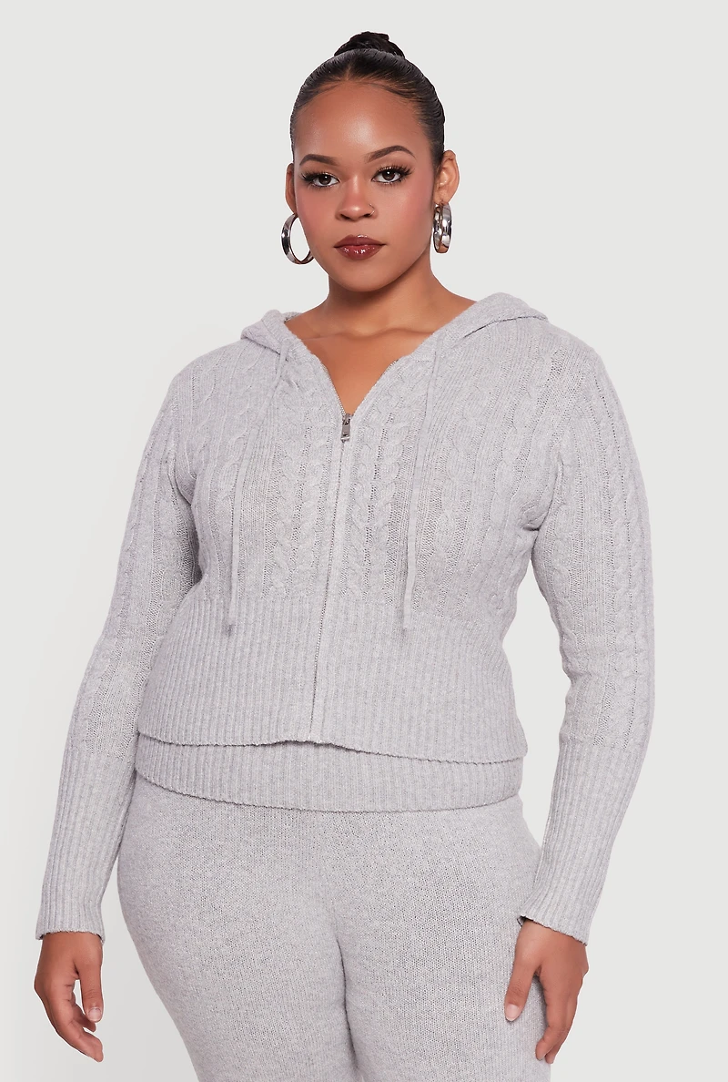 Plus Almost Famous Brushed Cable Knit Hooded Cardigan