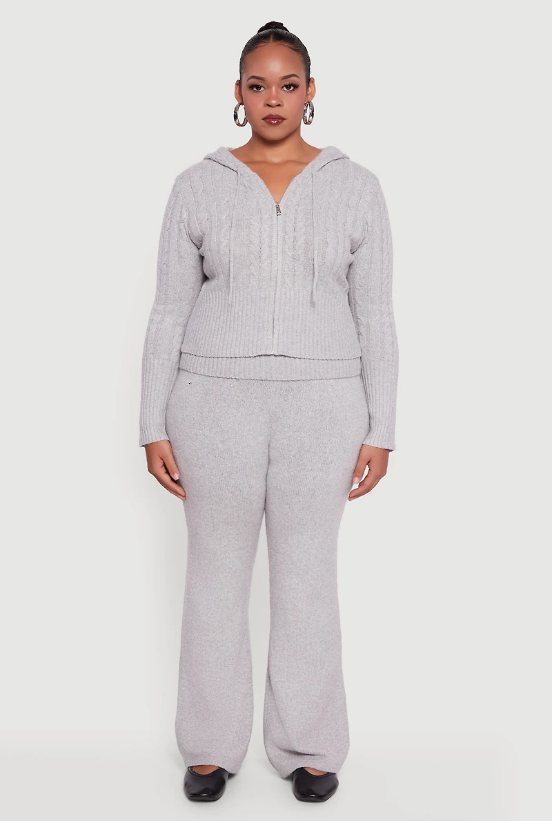 Womens Plus Size Almost Famous Brushed Cable Knit Hooded Cardigan, Grey, Size 2X