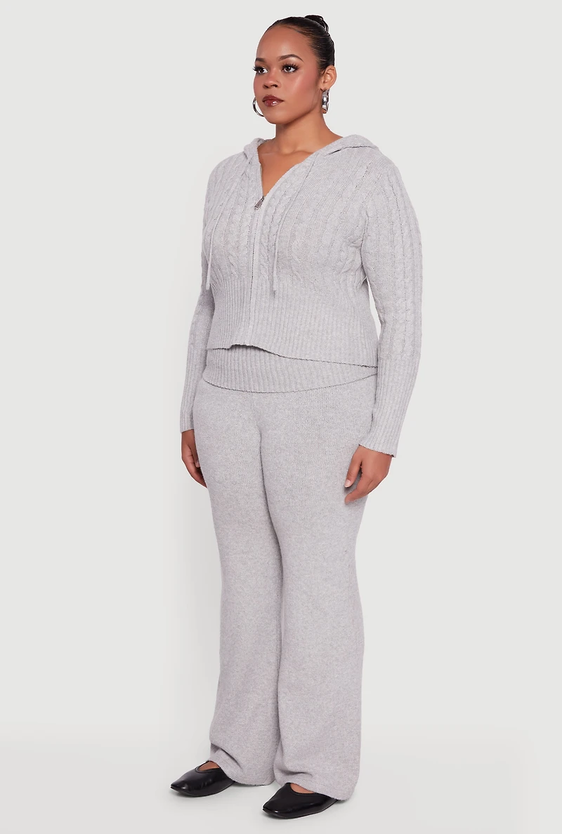 Womens Plus Size Almost Famous Brushed Cable Knit Hooded Cardigan, Grey, Size 2X