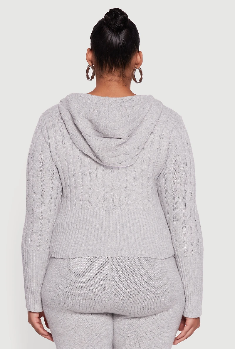 Womens Plus Almost Famous Brushed Cable Knit Hooded Cardigan,