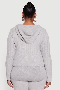 Womens Plus Size Almost Famous Brushed Cable Knit Hooded Cardigan, Grey, Size 2X