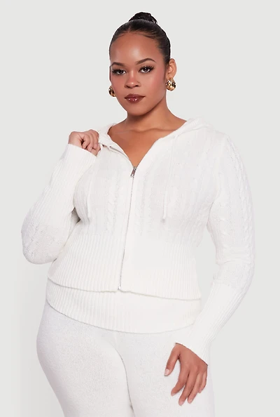 Plus Almost Famous Brushed Cable Knit Hooded Cardigan