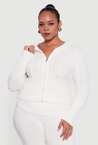Plus Almost Famous Brushed Cable Knit Hooded Cardigan