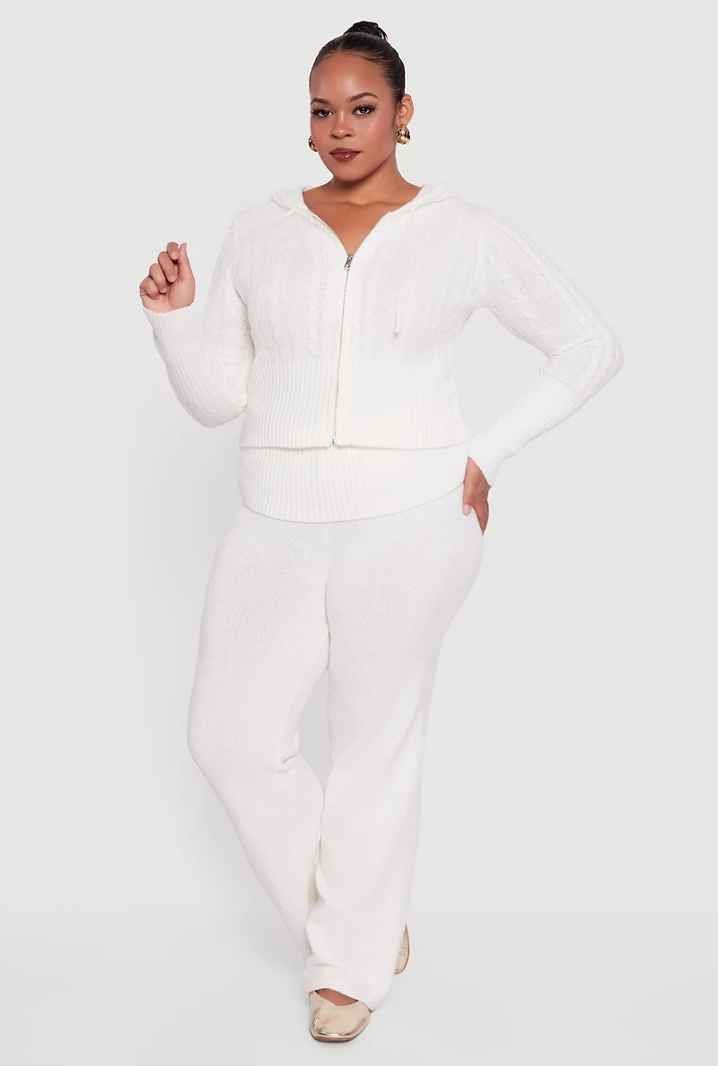 Womens Plus Almost Famous Brushed Cable Knit Hooded Cardigan, White,