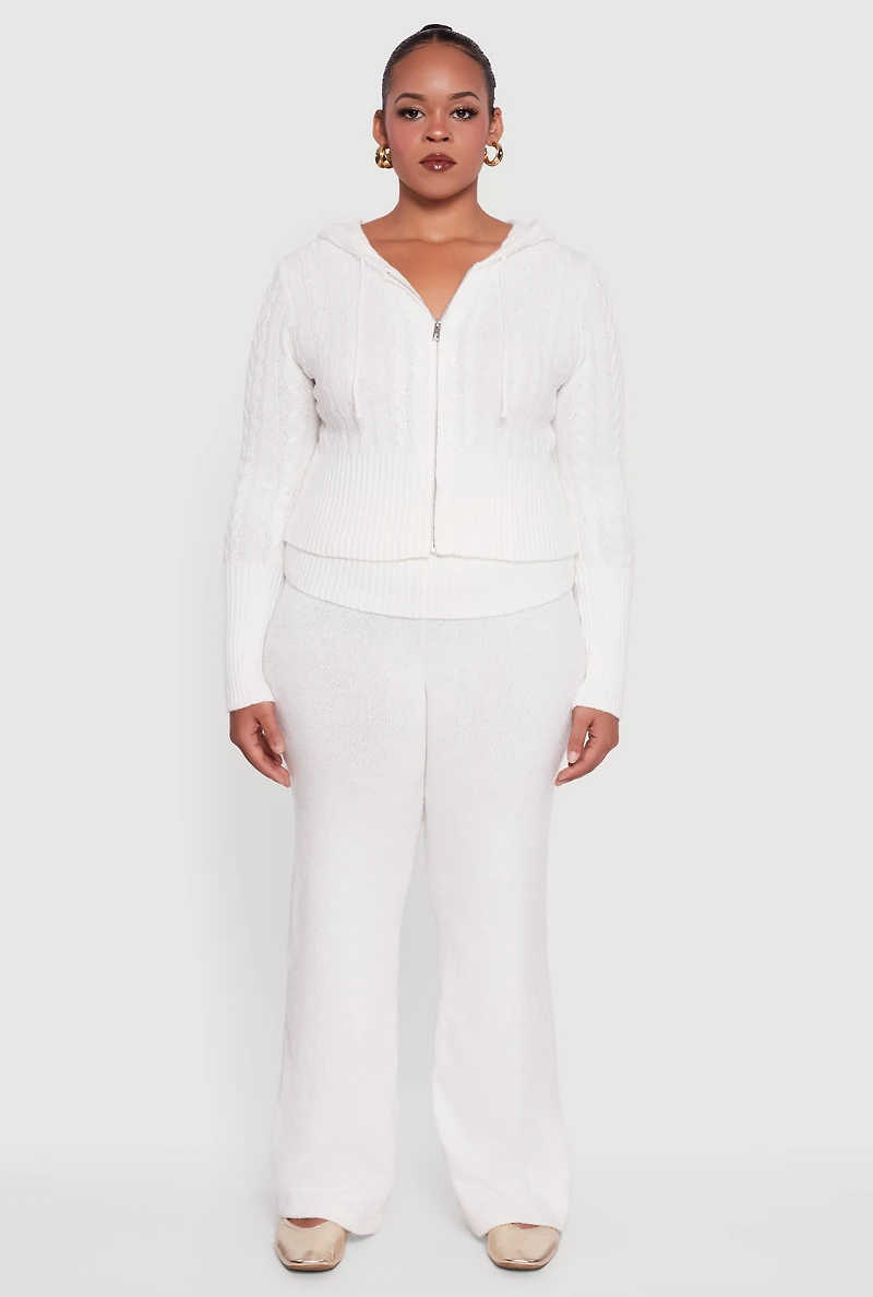 Womens Plus Almost Famous Brushed Cable Knit Hooded Cardigan, White,