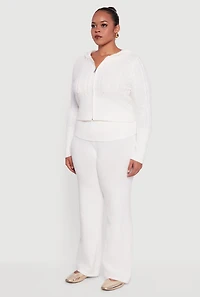 Womens Plus Almost Famous Brushed Cable Knit Hooded Cardigan, White,