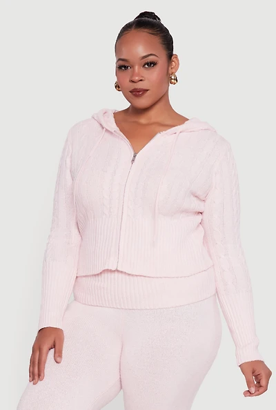 Plus Almost Famous Brushed Cable Knit Hooded Cardigan