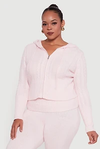 Plus Almost Famous Brushed Cable Knit Hooded Cardigan