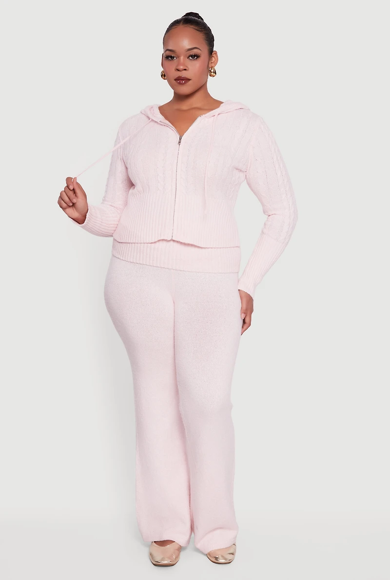 Plus Almost Famous Brushed Cable Knit Hooded Cardigan