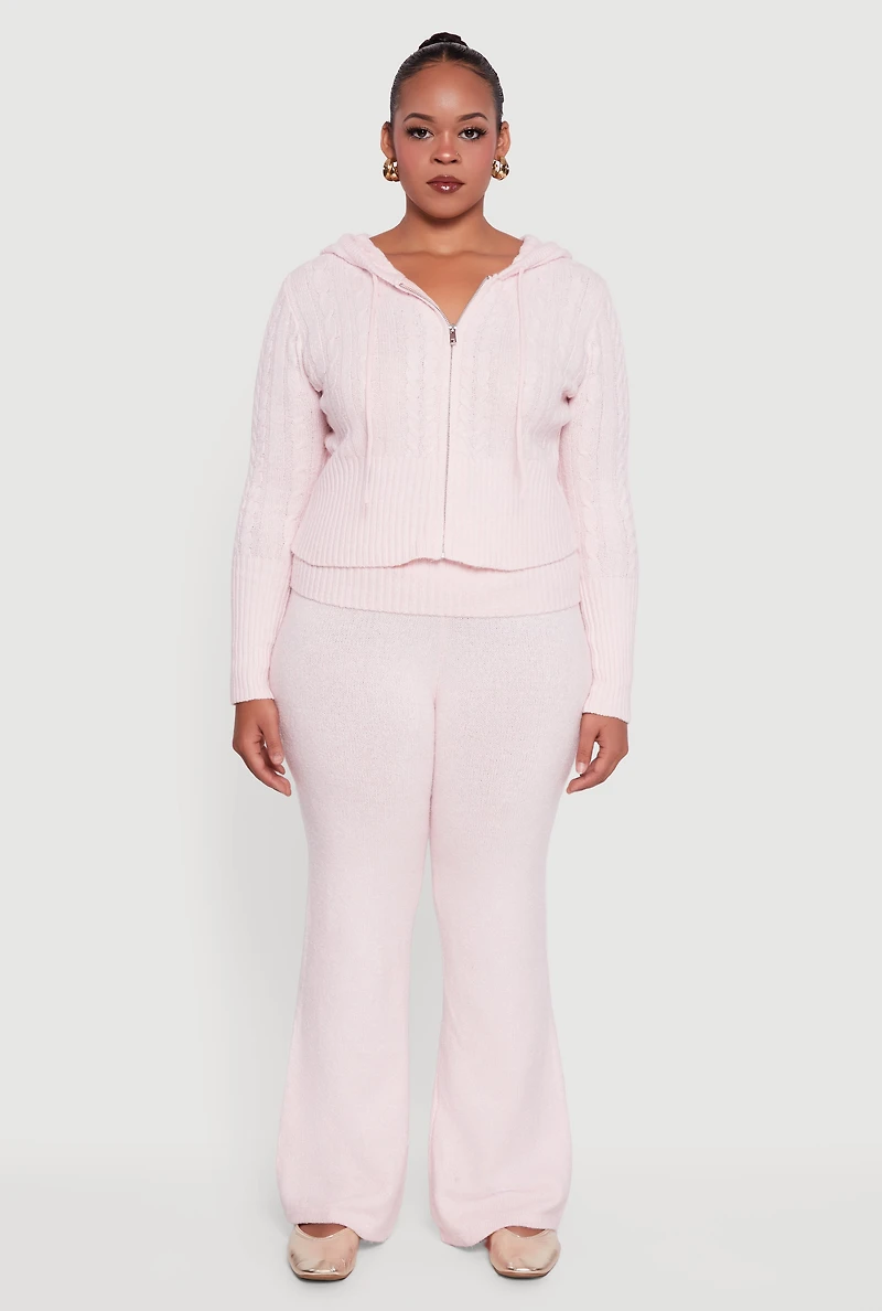 Plus Almost Famous Brushed Cable Knit Hooded Cardigan