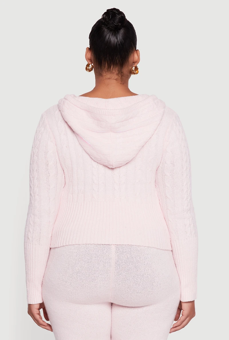 Plus Almost Famous Brushed Cable Knit Hooded Cardigan