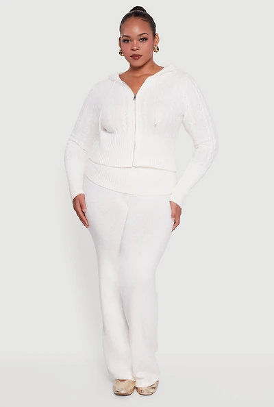 Womens Plus Size Almost Famous Brushed Knit Fold Over Flare Pants, White, Size 2X