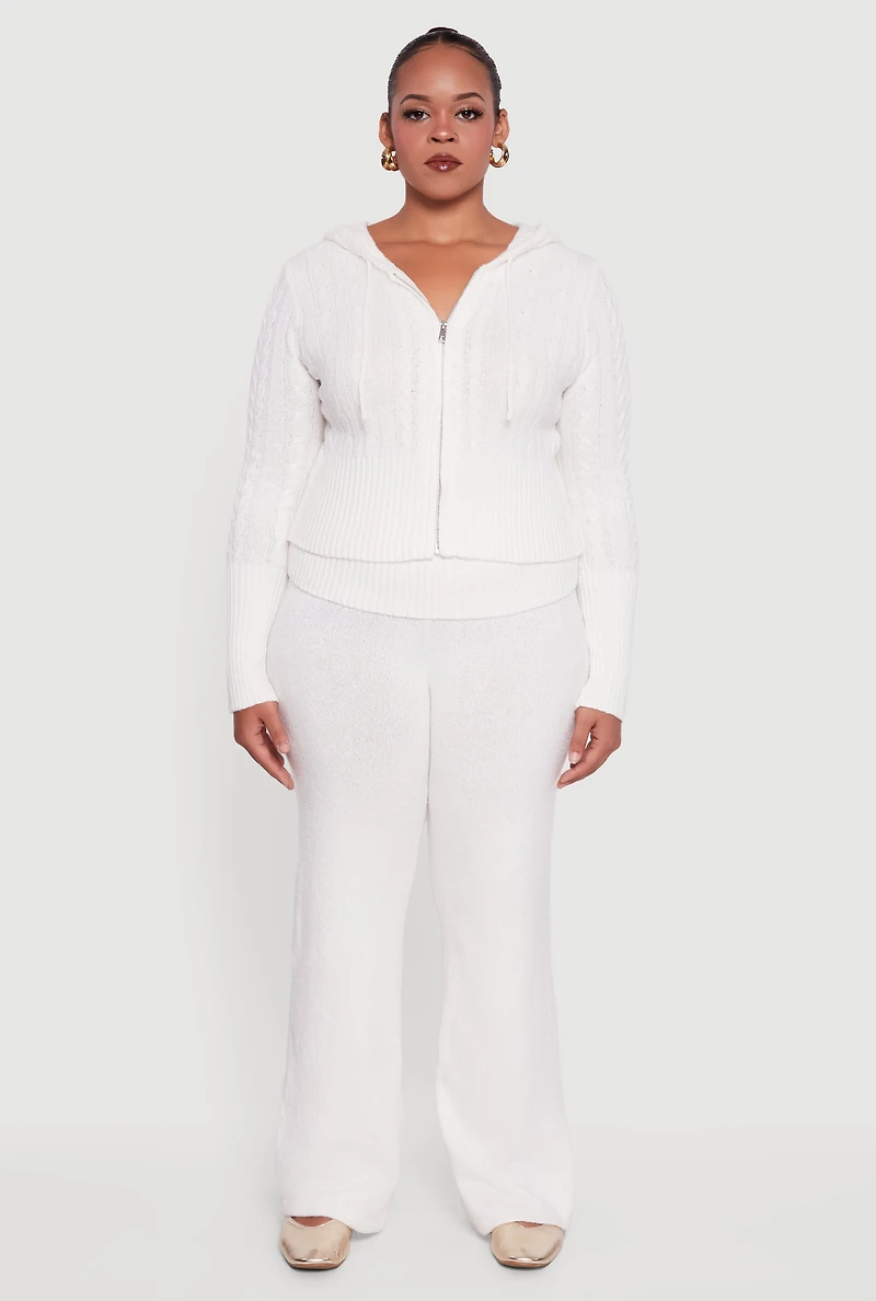 Womens Plus Size Almost Famous Brushed Knit Fold Over Flare Pants, White, Size 2X