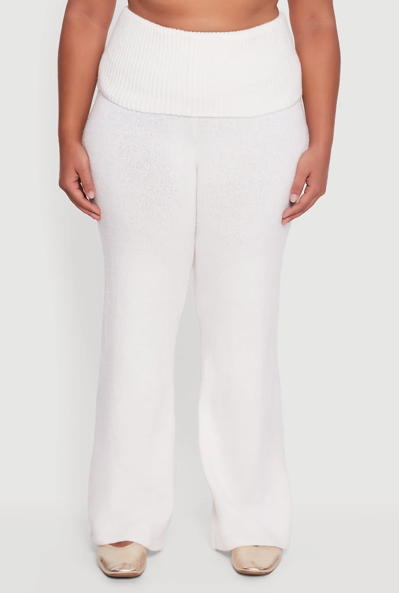 Womens Plus Size Almost Famous Brushed Knit Fold Over Flare Pants, White, Size 2X