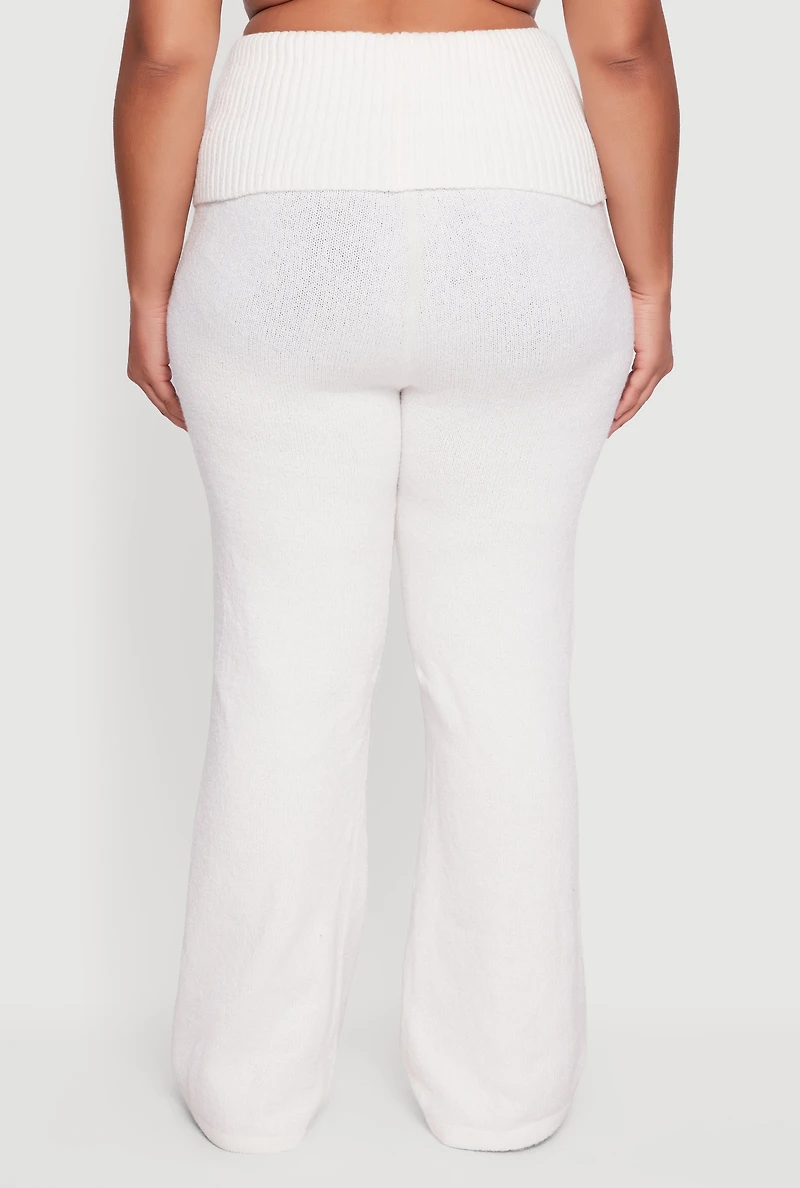 Womens Plus Size Almost Famous Brushed Knit Fold Over Flare Pants, White, Size 2X