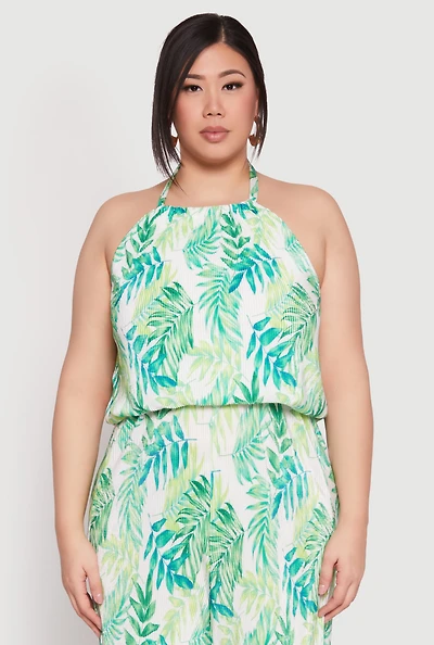Womens Plus Size Almost Famous Plisse Leaf Print Halter Top, Green, Size 3X