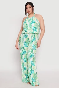 Womens Plus Size Almost Famous Plisse Leaf Print Halter Top, Green, Size 2X