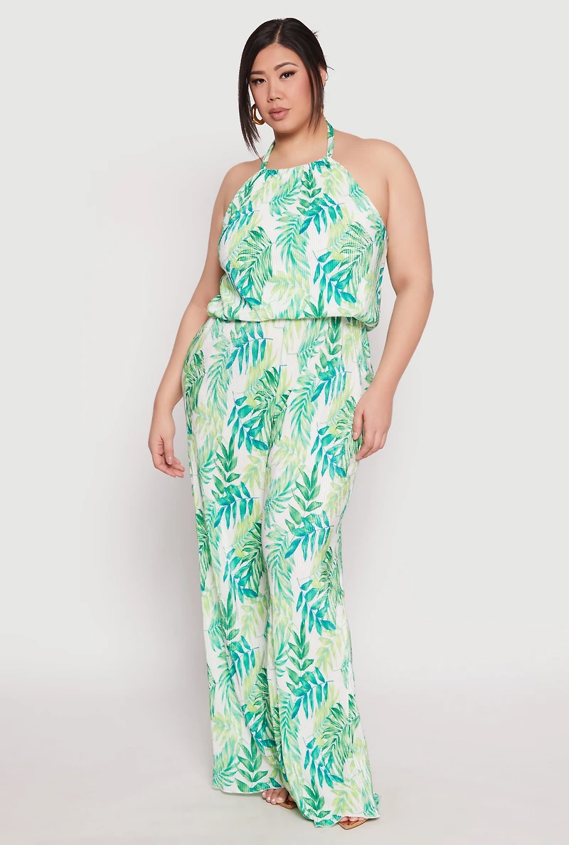 Womens Plus Almost Famous Plisse Leaf Print Halter Top,