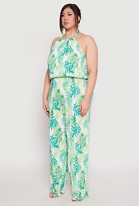 Womens Plus Size Almost Famous Plisse Leaf Print Halter Top, Green, Size 2X