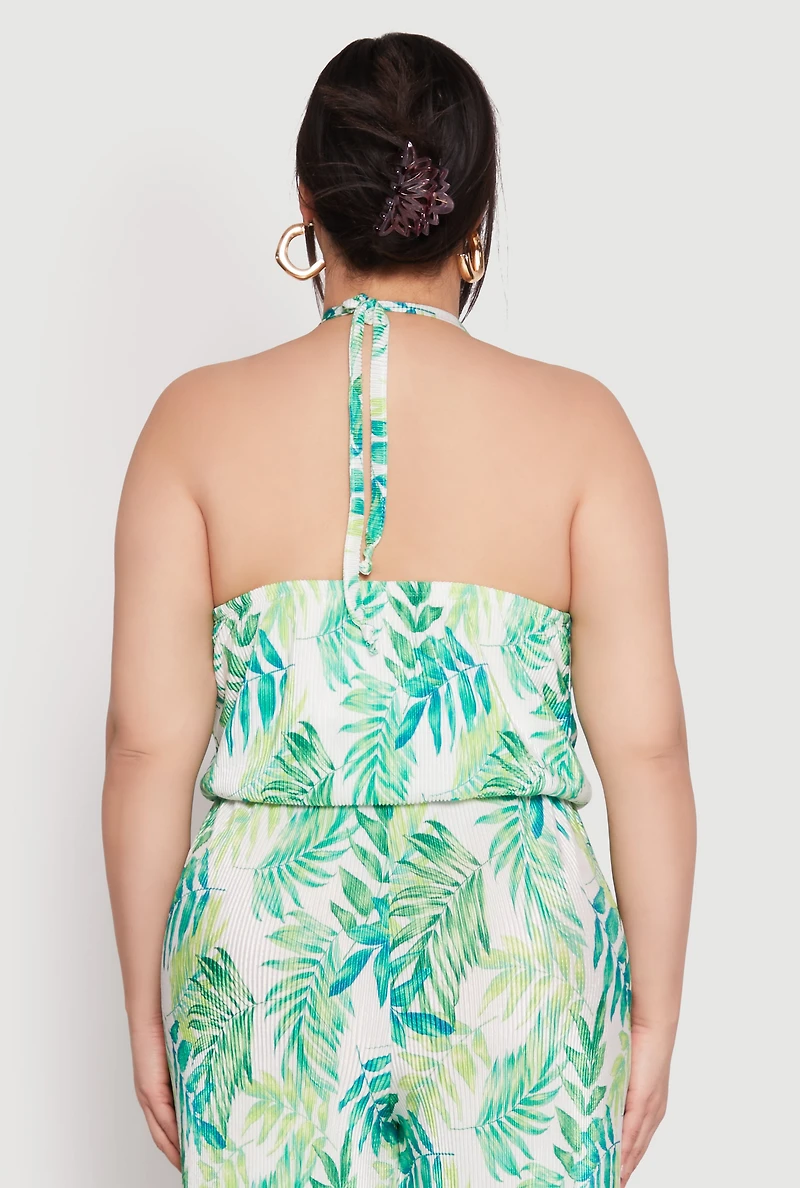 Womens Plus Almost Famous Plisse Leaf Print Halter Top,