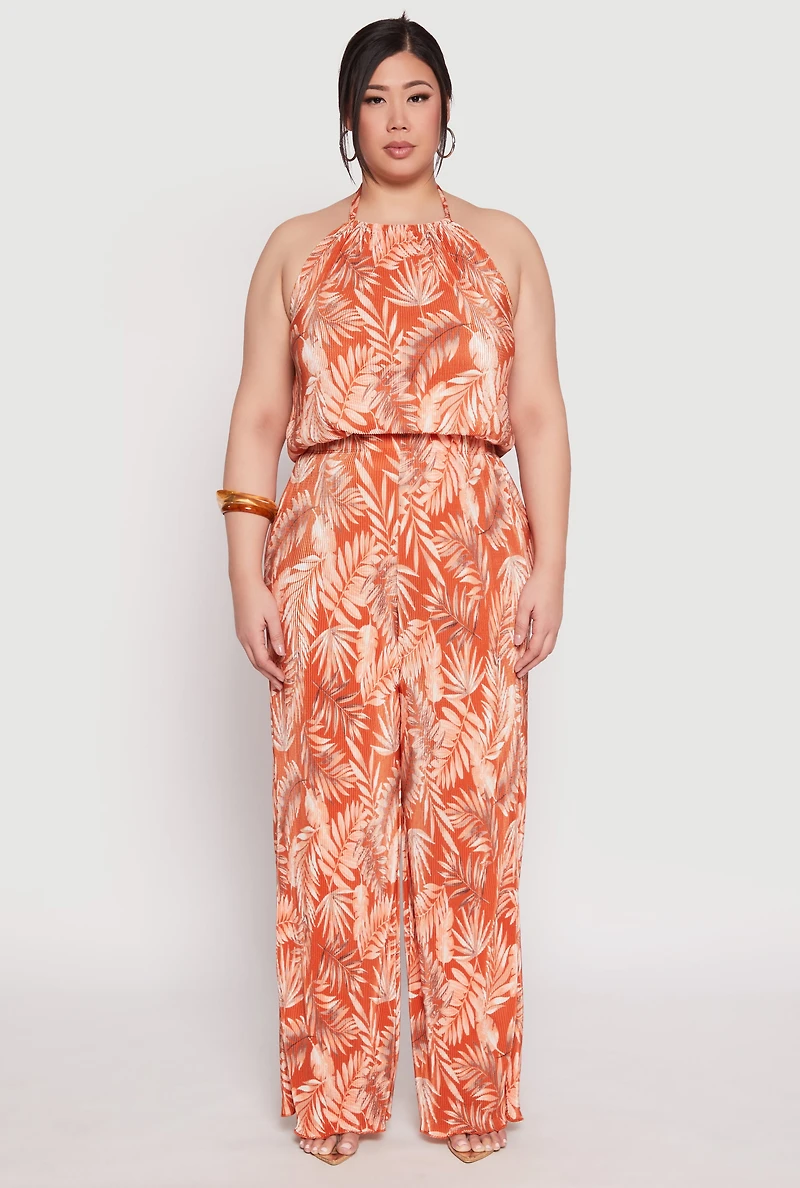 Womens Plus Size Almost Famous Plisse Leaf Print Halter Top, Orange, Size 3X