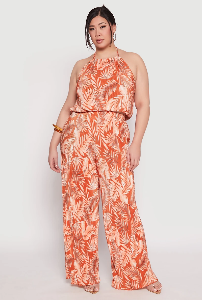 Womens Plus Size Almost Famous Plisse Leaf Print Halter Top, Orange, Size 3X