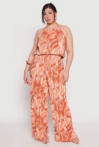 Womens Plus Size Almost Famous Plisse Leaf Print Halter Top, Orange, Size 3X