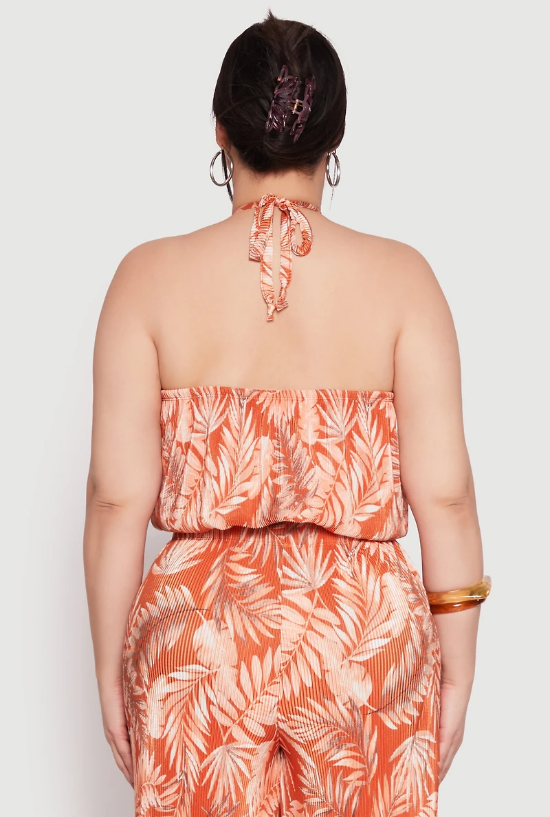 Womens Plus Size Almost Famous Plisse Leaf Print Halter Top, Orange, Size 3X