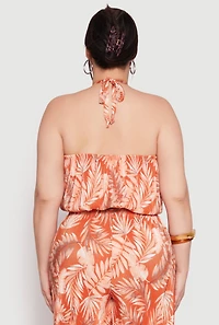Womens Plus Size Almost Famous Plisse Leaf Print Halter Top, Orange, Size 3X