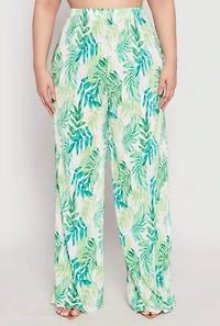 Womens Plus Size Almost Famous Plisse Leaf Print Pants, Green, Size 3X
