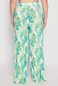 Womens Plus Size Almost Famous Plisse Leaf Print Pants, Green, Size 3X