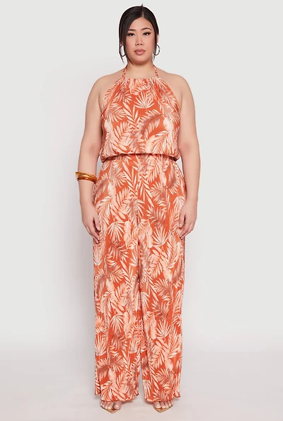 Womens Plus Size Almost Famous Plisse Leaf Print Pants, Orange, Size 3X