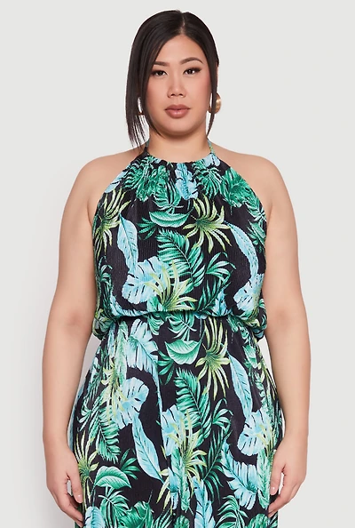 Womens Plus Almost Famous Tropical Print Halter Crop Top, Multi,