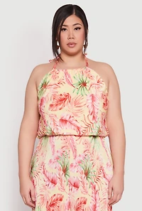 Womens Plus Almost Famous Tropical Print Halter Crop Top, Multi,
