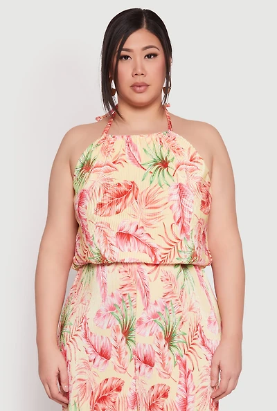 Womens Plus Almost Famous Tropical Print Halter Crop Top, Multi,