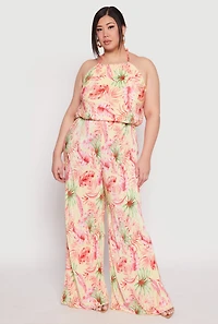 Womens Plus Size Almost Famous Tropical Print Halter Crop Top, Multi, Size 1X