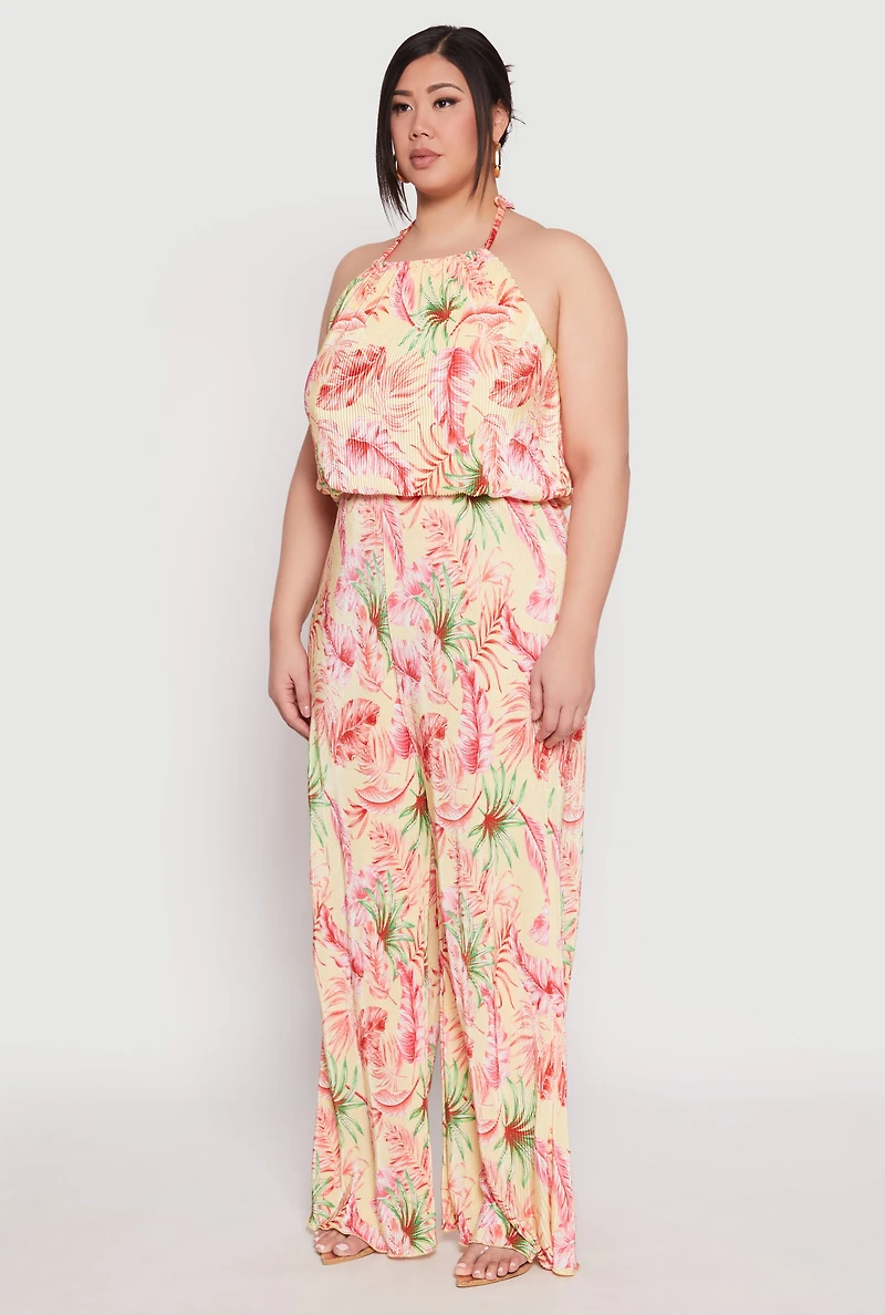 Womens Plus Size Almost Famous Tropical Print Halter Crop Top, Multi, Size 1X