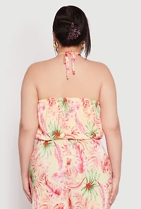 Womens Plus Size Almost Famous Tropical Print Halter Crop Top, Multi, Size 1X