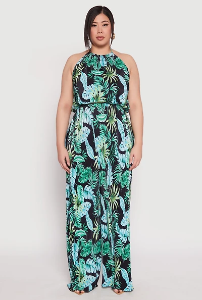 Plus Almost Famous Tropical Plisse Palazzo Pants