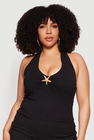 Plus Metallic Starfish Detail Tie Back Halter Top