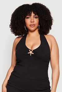 Plus Metallic Starfish Detail Tie Back Halter Top