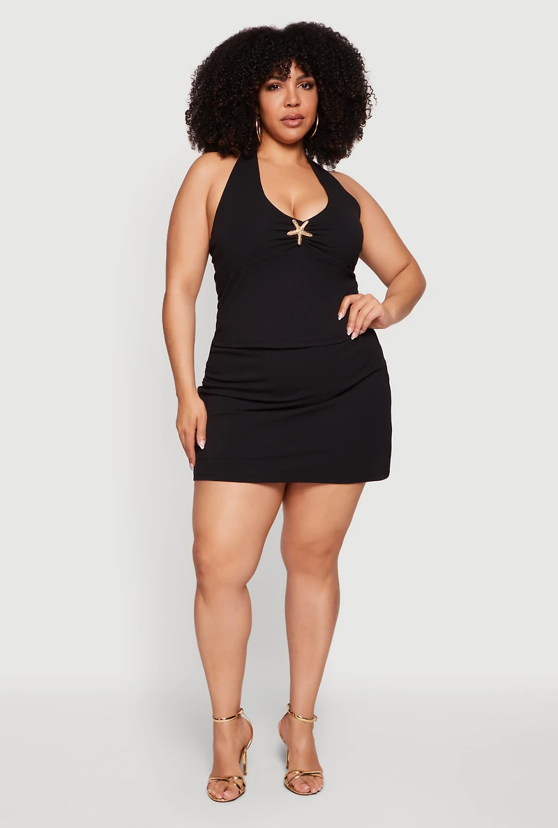 Plus Metallic Starfish Detail Tie Back Halter Top