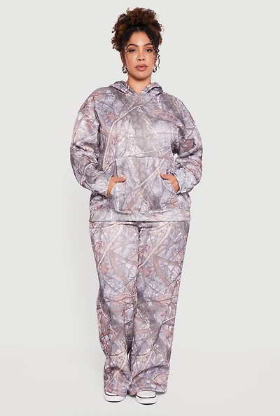 Womens Plus High Waisted Hunter Camo Wide Leg Sweatpants,