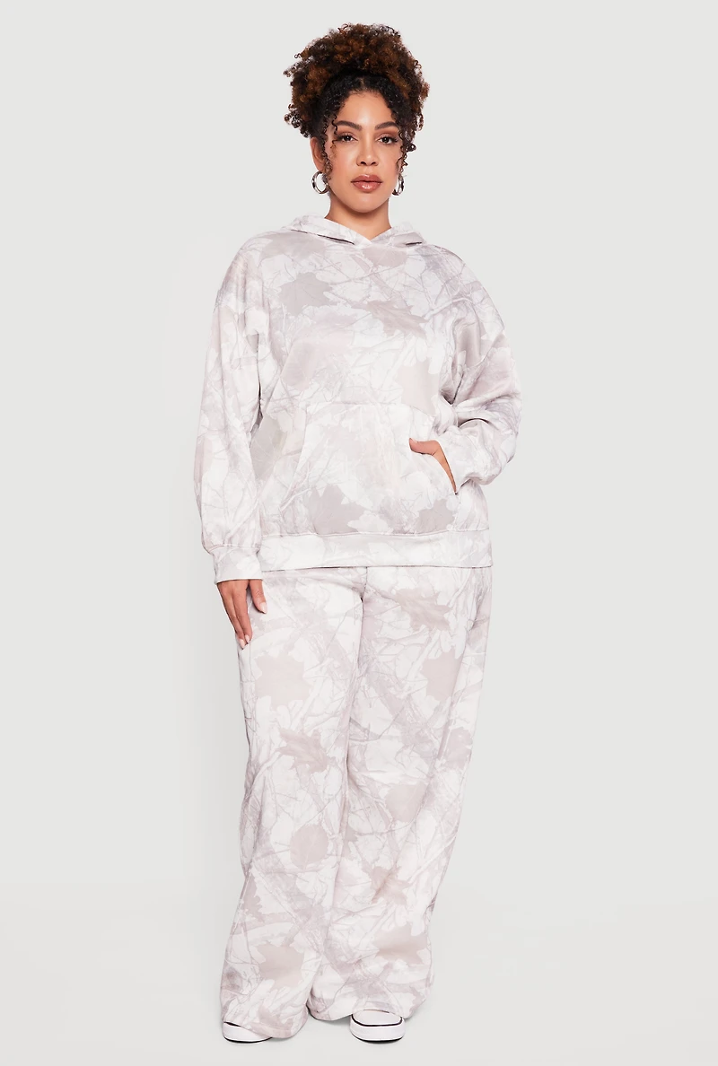Womens Plus Size High Waisted Hunter Camo Wide Leg Sweatpants, White, Size 3X