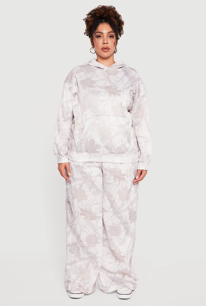 Womens Plus Size High Waisted Hunter Camo Wide Leg Sweatpants, White, Size 3X
