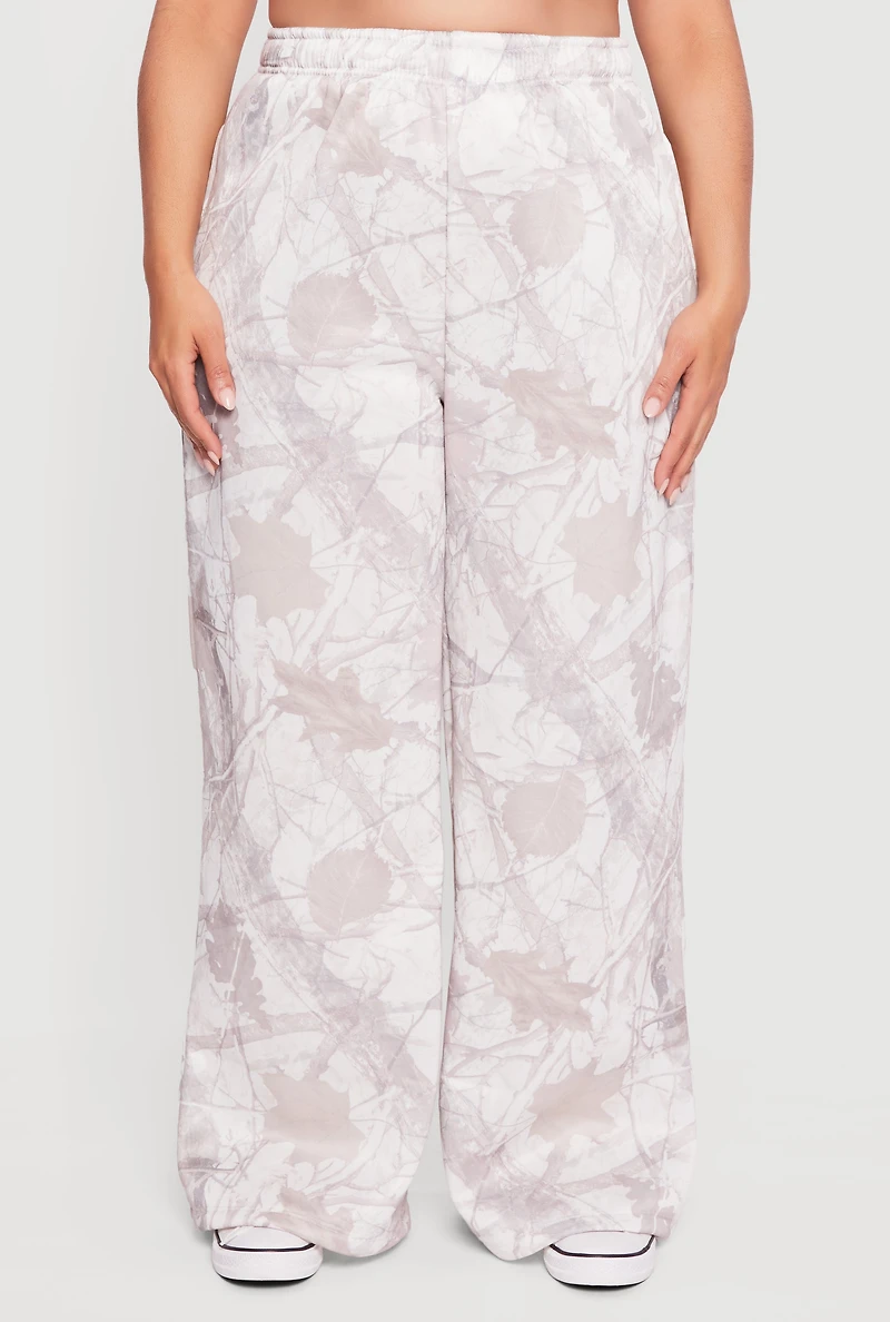 Womens Plus Size High Waisted Hunter Camo Wide Leg Sweatpants, White, Size 3X