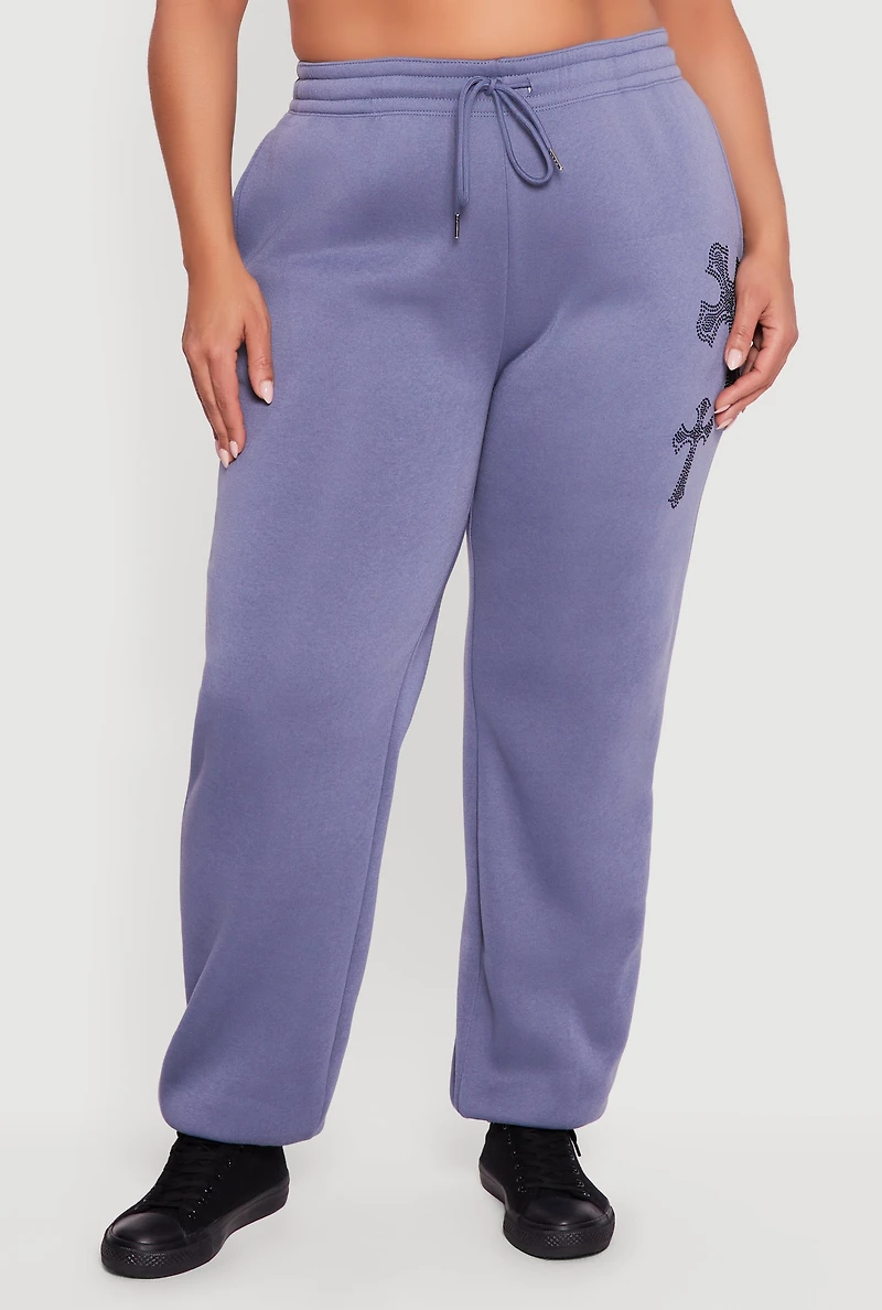Plus Almost Famous Rhinestone Graphic Detail Sweatpants