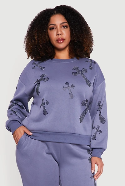 Plus Rhinestone Graphic Pullover Sweatshirt