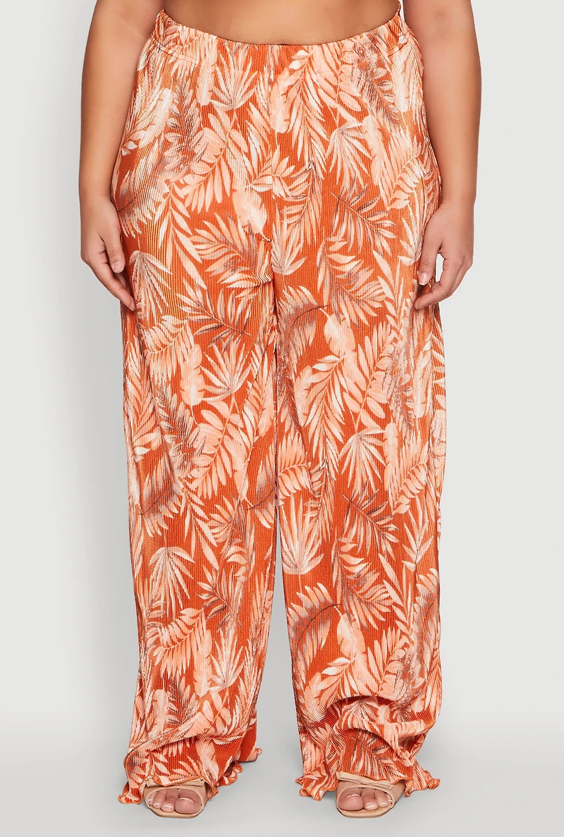 Womens Plus Size Almost Famous Plisse Leaf Print Pants, Orange, Size 3X