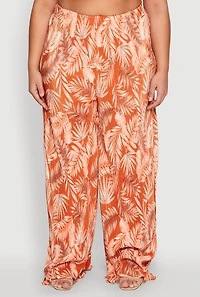Womens Plus Size Almost Famous Plisse Leaf Print Pants, Orange, Size 3X
